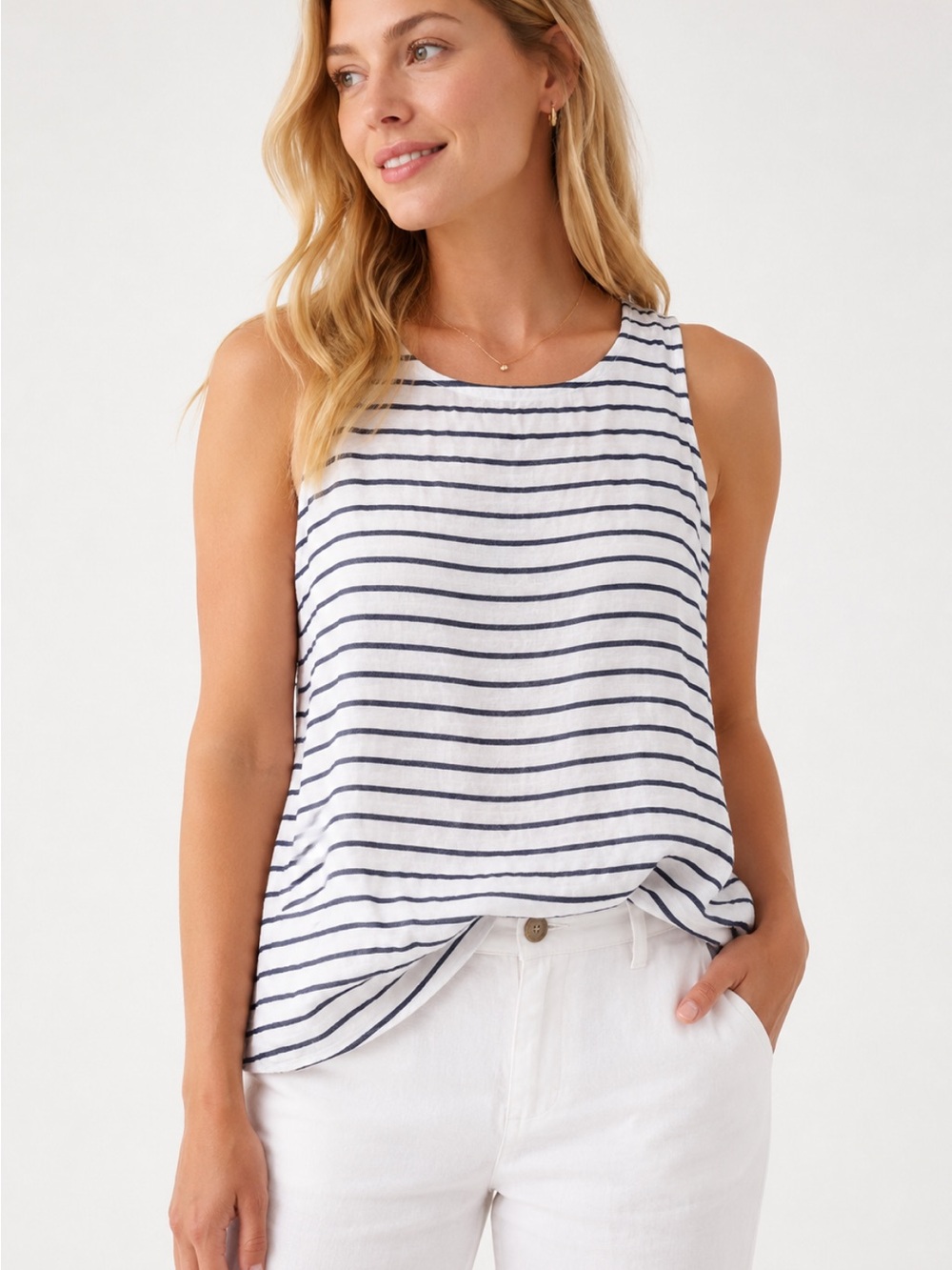 Ellen Tracy 100% Linen Striped Navy Sleeveless Tank Top Medium Nautical Coastal